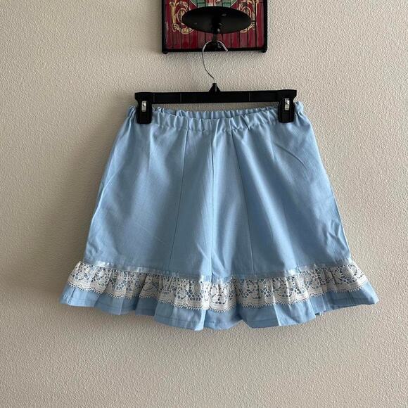 handmade blue white linen blend crochet lace trim mini skirt - Picture 9 of 9